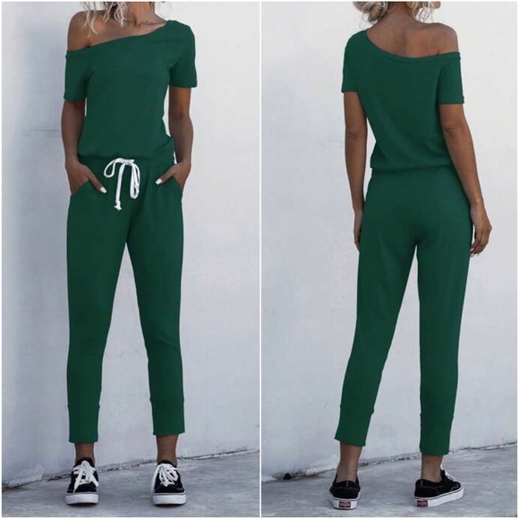 One Shoulder Short Sleeve Pocket Jumpsuit - Picture 4 of 4